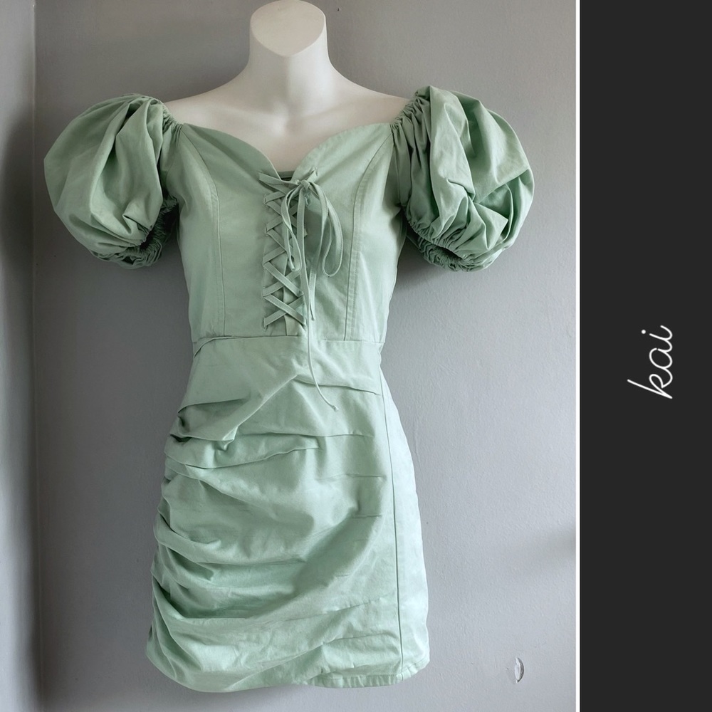 Kai Puffy Sleeve Lace Up Mini Dress in Mint Green • S